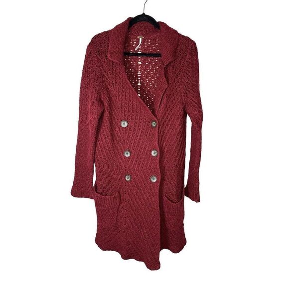 Free People Knit Long Draped Cardigan Sweater Red Wool Alpaca Large - Picture 3 of 12